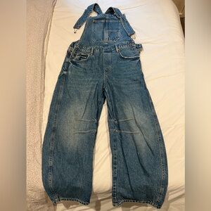 Free People denim overalls with barrell leg